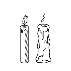 Simple Hand-drawn Doodles Of Two Candles, One Tall And Lit, And The Other Melted. Vector Outline Illustration