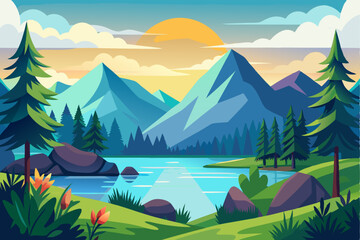 Mountainous Landscape with a Lake and Forest