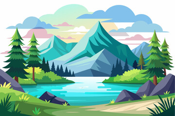 Tranquil Mountain Lake Scene with Lush Greenery and Clouds