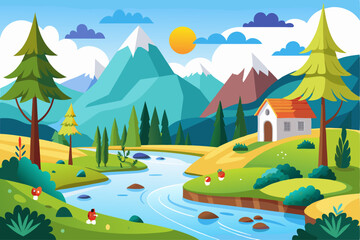 Fototapeta premium A picturesque scene of a winding river amidst mountains, trees, and a small cottage.