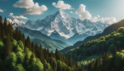 Morning panorama of snow-capped Alpine mountains with lush green forests and cloudy skies in Europe