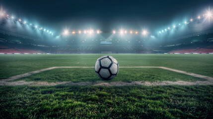 A soccer ball placed in the center of an empty field under bright stadium lights