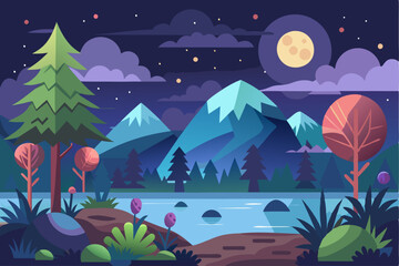 A Nighttime Scene with Mountains, a Lake, and Stars