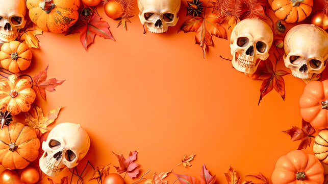 A striking Halloween display featuring pumpkins and skulls surrounded by autumn leaves, perfect for seasonal decorating and festive celebrations