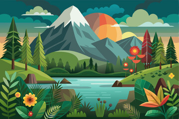 Mountain Landscape with Lake and Flowers