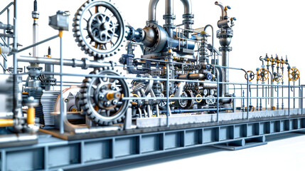 A striking display of advanced machinery in a gear shape, showcasing oil production equipment in a pristine environment