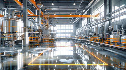 Fototapeta premium A bustling brewery filled with advanced brewing machines and shining metal surfaces, reflecting the dynamic environment and active production lines