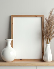 A picture frame sitting on a shelf next to a vases.