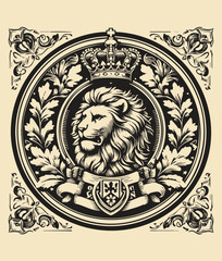 Vintage Badge with Lion Face vector, illustration, skull, tattoo, head, art, symbol, face, vintage, tribal, design, ornament, animal, sun, drawing, king, sign, crown, pattern