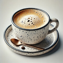 A beautifully crafted speckled ceramic cup filled with frothy coffee, elegantly placed on a matching saucer with a gold spoon, exuding warmth and sophistication.