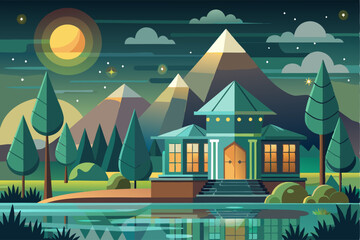 Fototapeta premium Nighttime Landscape with a House, Mountains, and a Lake