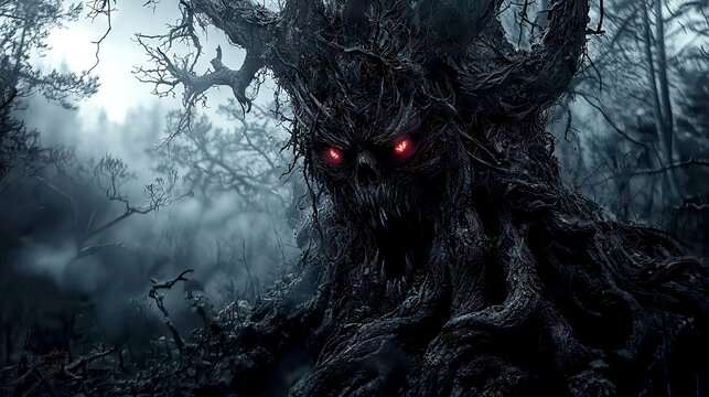 Dark gloomy Halloween tree monster in a haunted nightmare forest, sinister evil menacing horror, glowing eyes twisted branches in mist