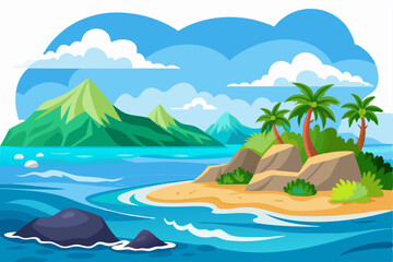 Obraz premium Tropical Island with Palm Trees, Mountains, and Blue Water