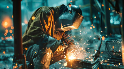 A dedicated worker welds at night, surrounded by bright sparks, wearing protective gear in a rustic factory environment, showcasing craftsmanship and dedication