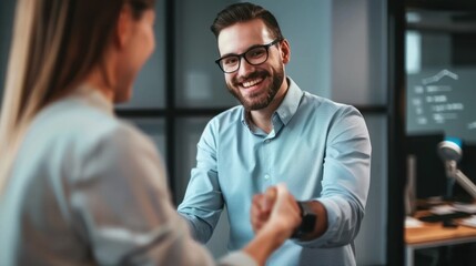 Fototapeta premium Interviewer and candidate smiling while shaking hands.