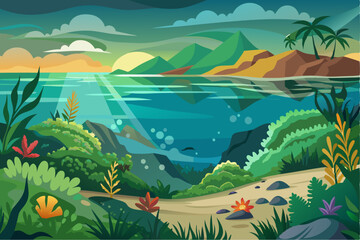 Tropical Landscape with Underwater View and Palm Trees