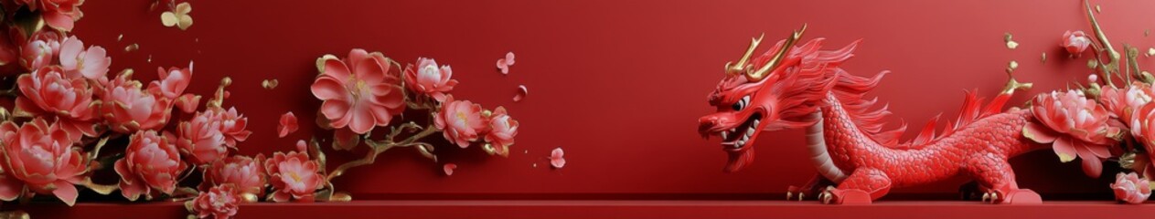 Chinese Zodiac Adorable Red Dragon in 3D Art: A Minimalist Chinese-Themed Celebration of the Spring Festival with Floral and Gold Foil Elements, Set Against a Clean Red Background.