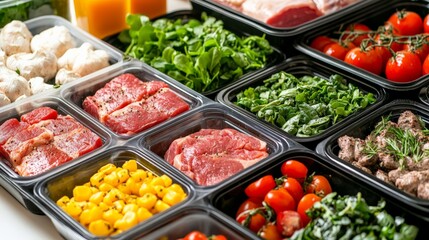 Obraz premium Assorted fresh ingredients in meal prep containers, including meats, vegetables, and greens, ready for cooking or storage.