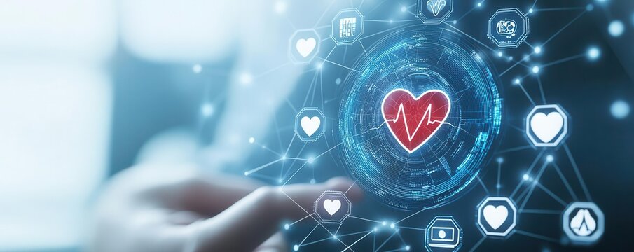 Futuristic digital interface with heart and artery icons, illustrating technology in monitoring circulation health