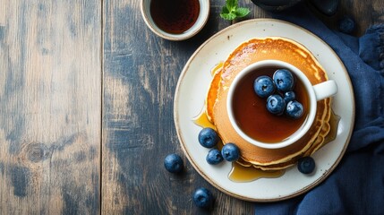 A flat lay of a hearty breakfast with pancakes and syrup, with room for copy