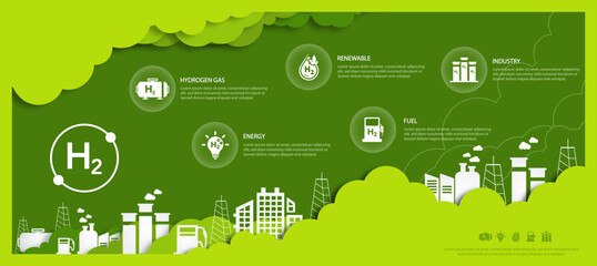 Hydrogen energy vector illustration. Concept environment, eco friendly industry and alternative energy. Reducing greenhouse gas emissions, ecology, green hydrogen technology.