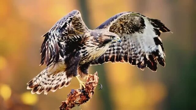 Hawk soaring through the sky, showcasing its powerful wings and sharp beak, a majestic bird of prey in its natural habitat