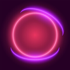 Pink and purple neon border, circle frame on dark background, vector illustration.