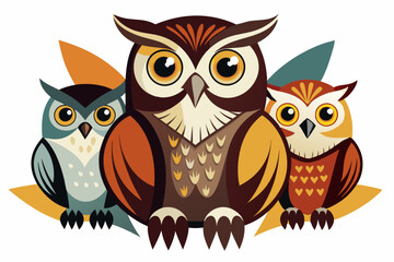 Obraz premium Three Colorful Owls Sitting Together in a Geometric Style