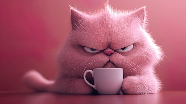 Funny looking pink cartoon cat with a grumpy face