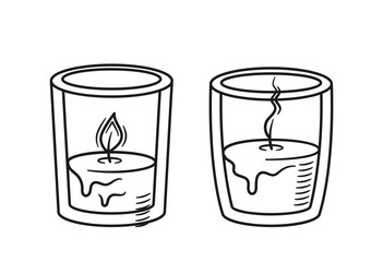 Black And White Vector Illustration Of Two Candles In Glass Holders. One Candle Is Lit, While The Other Is Extinguished
