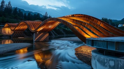 Interior view of a modern wooden bridge illuminated at dusk over a river with reflections in the water