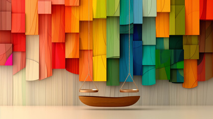 Scales of Justice with Abstract Colorful Wooden Background
