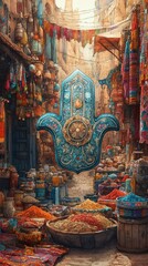 Fototapeta premium Hamsa Hand Desert Market Judaism, Islam Religion Spiritual Symbol - Generative AI