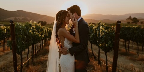 Couple Embraces in Vineyard Sunset