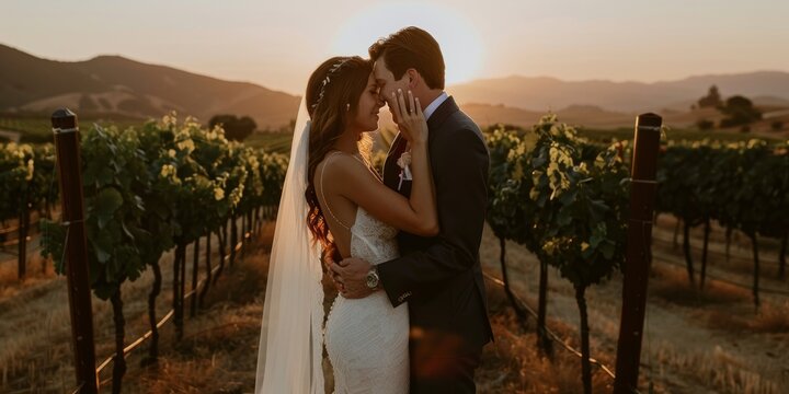Couple Embraces in Vineyard Sunset