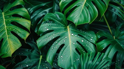 Obraz premium Close-up of vibrant green tropical leaves with water droplets 