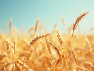 Fototapeta premium Golden Wheat Stalks in a Field Under a Blue Sky