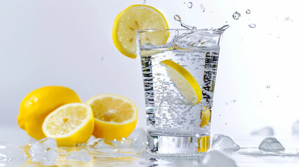 Glass of water with lemon , Magazine Style , Cinematic Style Captured With Sony FX3 27-70mm , Quality Enhanced With Ai 