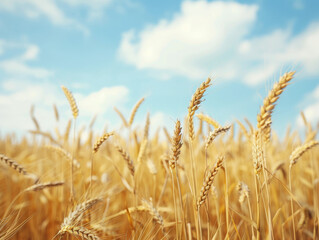 Fototapeta premium Golden Wheat Stalks in a Field Against a Blue Sky with Clouds