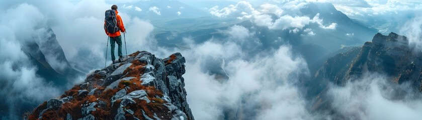 Obraz premium Hiker Stands Tall on Dramatic Mountain Ridge Overlooking Vast Cloudy Landscape
