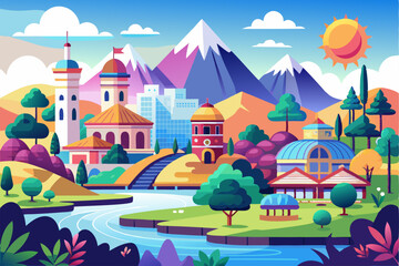Colorful Cityscape with Mountains, River, and Buildings