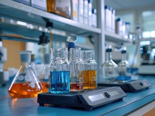 A variety of beakers and flasks containing colorful liquids sit on a lab counter, with additional beakers and other equipment on a shelf in the background.