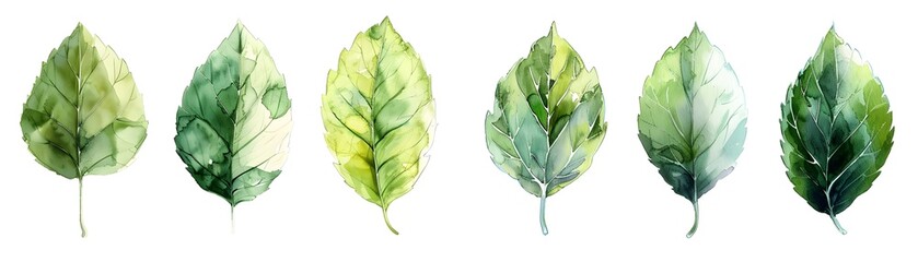 Naklejka premium Watercolor Rose Leaves in Various Green Tones on White Background