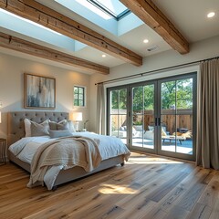 Bedroom in new luxury home with hardwood floors, sliding glass door leading to patio, and skylights with wood cross beams and elegant pendant light