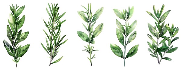 Fototapeta premium Elegant Watercolor Rosemary Leaves Scattered on White for Natural Aesthetic Concept