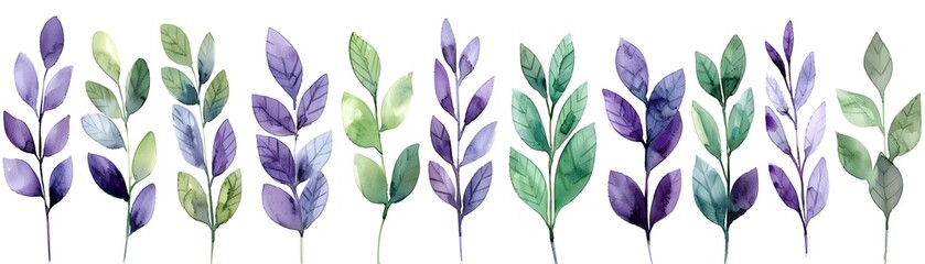 Fototapeta premium Watercolor Lavender Leaves Set on Serene White Background