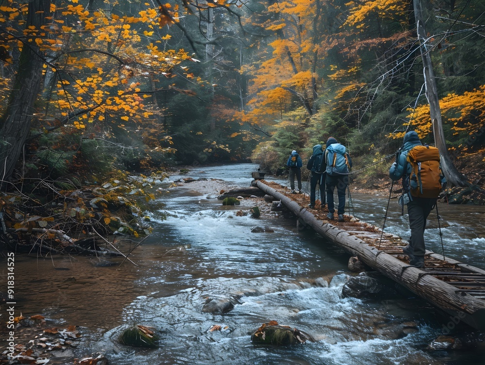 Wall mural Group of Hikers Crossing Wooden Bridge Over Autumn Foliage River in Dense Forest