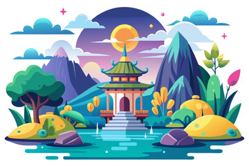 Fototapeta premium Pagoda on a Small Island Surrounded by Lush Greenery and Mountains