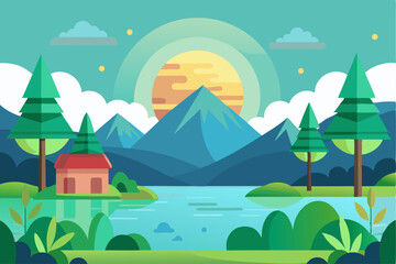 Fototapeta premium Mountain Landscape with Cabin, Lake, and Forest