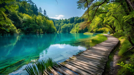 Obraz premium Serene wooden path meanders along picturesque turquoise lake surrounded by verdant greenery under azure sky , path, under, picturesque, azure, verdant, meanders, lake, along